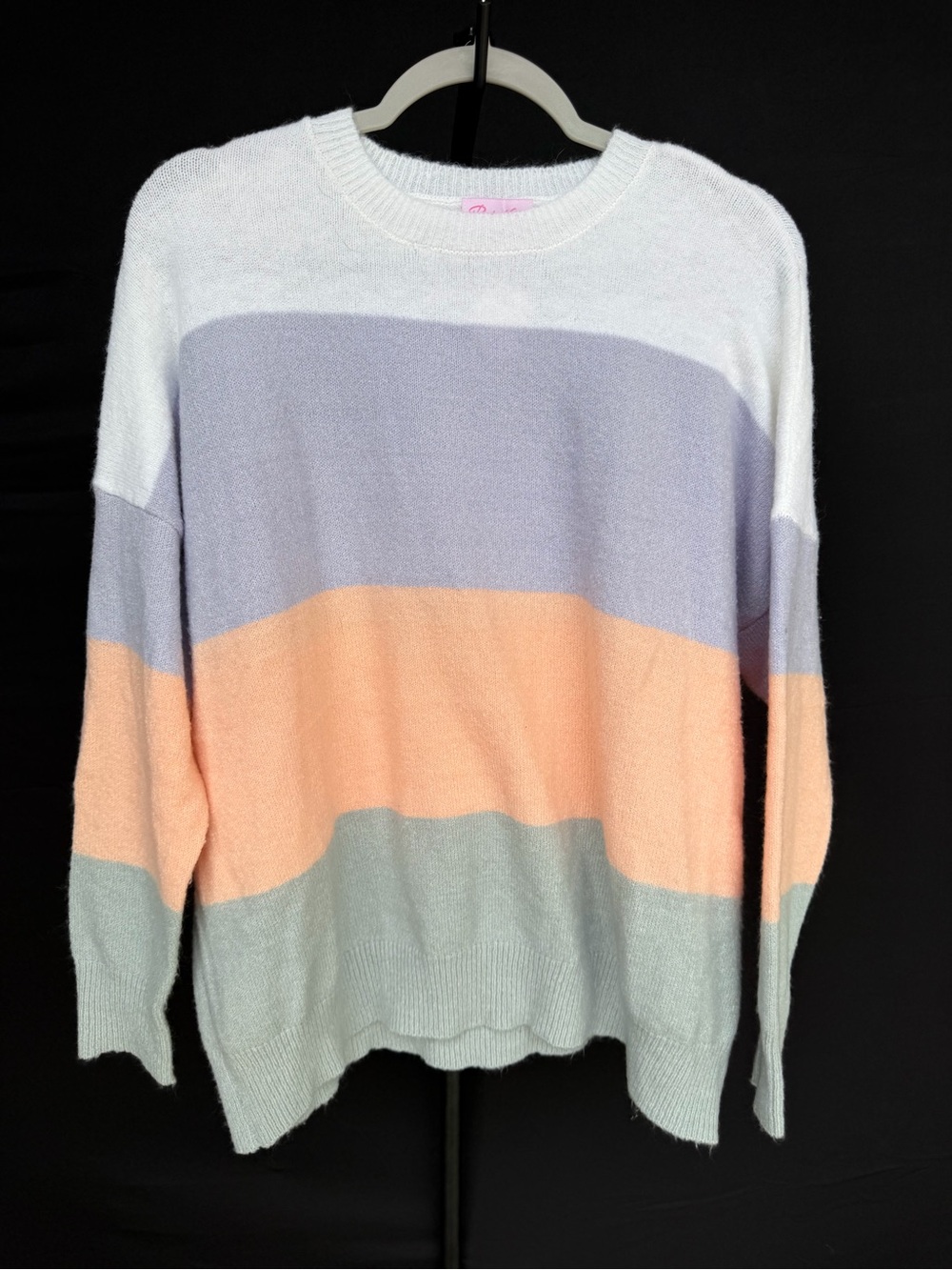 Pink Lily Pastel Striped Crewneck Sweater in Lavender, Peach & Light Gray